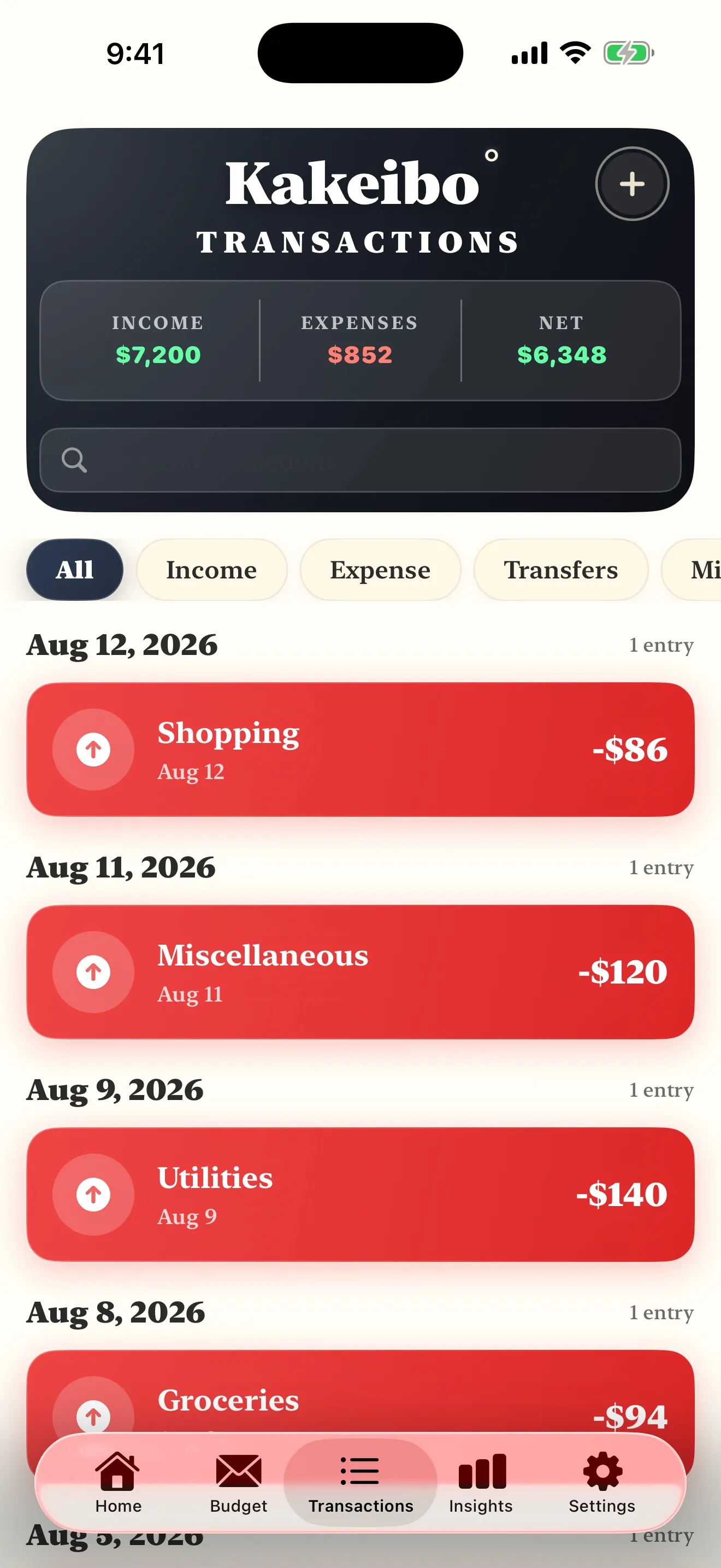 The Kakeibo app transaction list showing income and expenses grouped by date